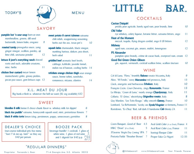 Little Bear wins "Best New Menu" - 2021 Eater Atlanta Awards